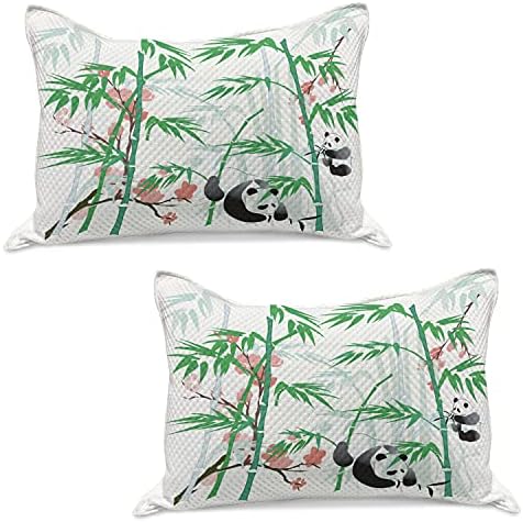 Lunarable Bamboo Nyomtatási Kötött Paplan Pillowcover, Óriás Woody Fű Bambuszok, valamint Panda a Kínai Trópusokon, Standard