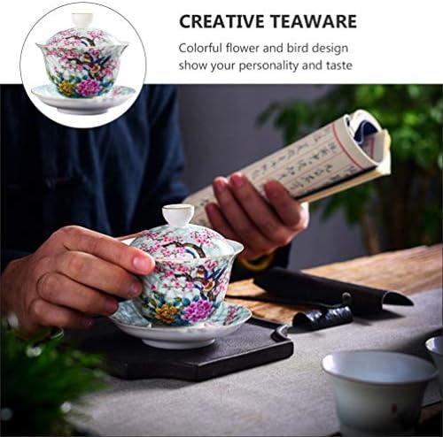 DOITOOL Kerámia teáscsésze Kínai Fu Tea Csésze Fedő Kézzel festett Tea Tál Kerámia Tea Tál Hagyományos Tea Ware (Virág, Madár)