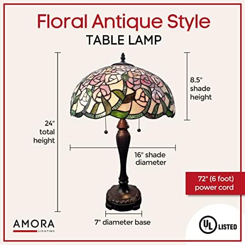 Amora Vintage Tiffany asztali Lámpa - Rózsaszín Rózsa, Szőlő Táblázat Éjszakai Fény - Multicolor Üveg Éjjeliszekrény Lámpa - 24 Magas