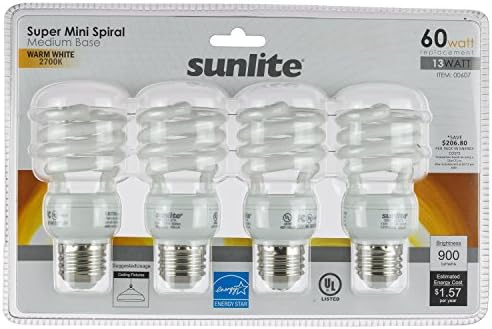 Sunlite 00608-SU Mini Spirál kompakt fénycsövek Izzó, 13 Watt (60W Egyenértékű), Közepes Bázis (E26), 900 Lumen, 10.000 Órás Élettartam,