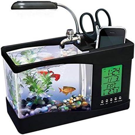 LOVEPET USB Mini akvárium, Asztali LED Világítás Naptári tolltartó Divat Akvárium,Fekete