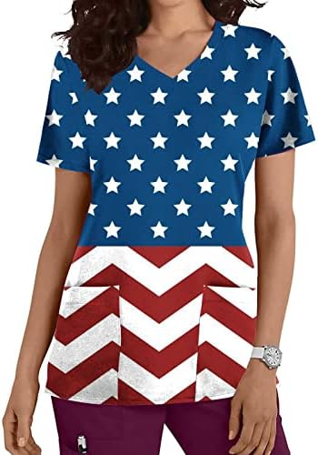 Amerikai Zászló Felsők Női Rövid Ujjú, V-Nyakú július 4 póló Függetlenség Napja Nyomtatott Póló, Zseb, Tunika