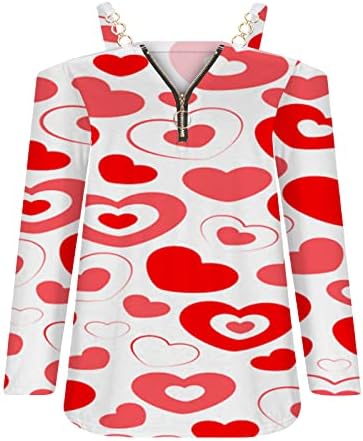 Piros Szív Pólók Női Váll nélküli Cipzár V-Nyakú Póló Maximum Valentin Nap, Hosszú Ujjú Flutty Tunika Blúz