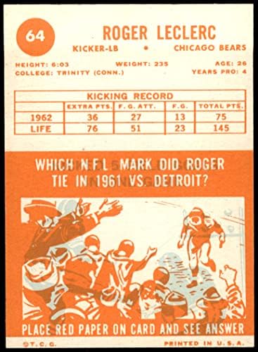 1963 Topps 64 Roger LeClerc Chicago Bears (Foci Kártya) EX Medvék Szentháromság