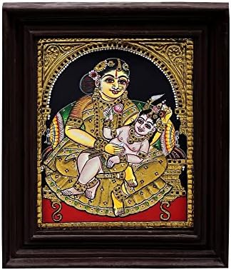 Egzotikus India 10 x 12 Baba Krishna Ölében Anya Yashoda Tanjore Festmény | Hagyományos Színek 24 KARÁTOS G