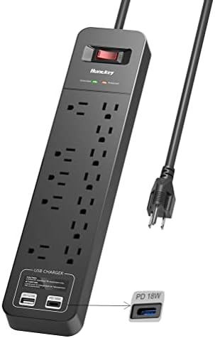 Elosztó, Huntkey túlfeszültségvédő 12 Üzletekben, 2 USB Port, 6 Méteres Hosszabbító Kábel (1875W/15A),12W USB-A,PD 18W C Típusú