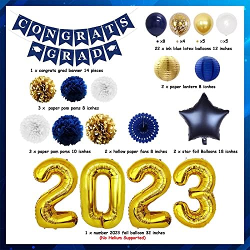 2023 Ballagás Dekoráció sötétkék-Arany - Congrats Grad Banner Szövet Pom Pomot Papír Lámpások Száma 2023 Fólia Lufi az Osztály 2022 Végzettségű