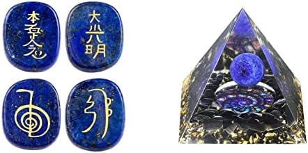 mookaitedecor Csomag - 2 Elem: 4 Darab Lapis Lazuli Vésett Kövek Csakra Szimbólumok Palm Kövek & Lapis Lazuli Kristály Gömb Orgon Piramis