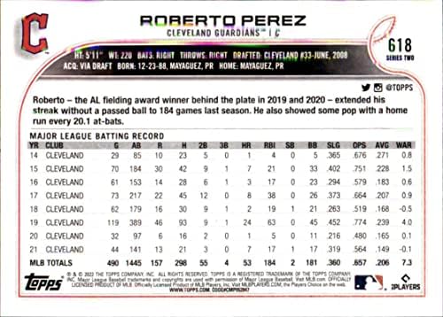 2022 Topps 618 Roberto Perez Cleveland Őrzők Sorozat 2 MLB Baseball Trading Card