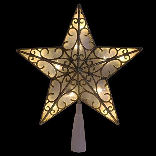 9 Arany-Fehér Csillámos Star LED karácsonyfa Topper - Meleg Fehér Fény